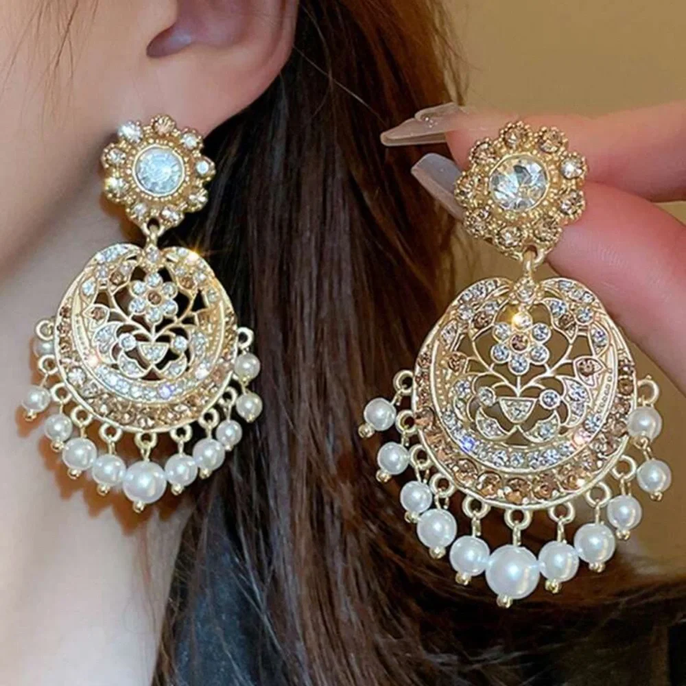 Vintage Palace Chandbali Earrings | Gold Tone Rhinestone & Faux Pearl Dangles